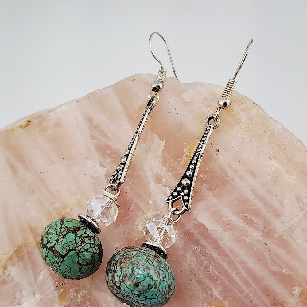 TURQUOISE & CRYSTALS HANDMADE DANGLING EARRINGS SILVER TONE METAL